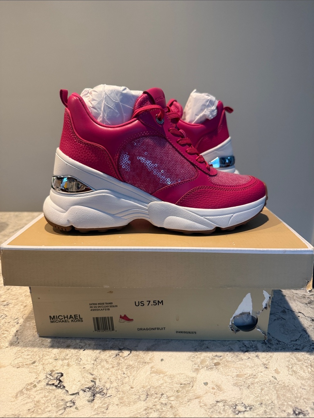 NWT MICHAEL Michael Kors Bright Pink Platform Sneakers with Silver Accent 7.5